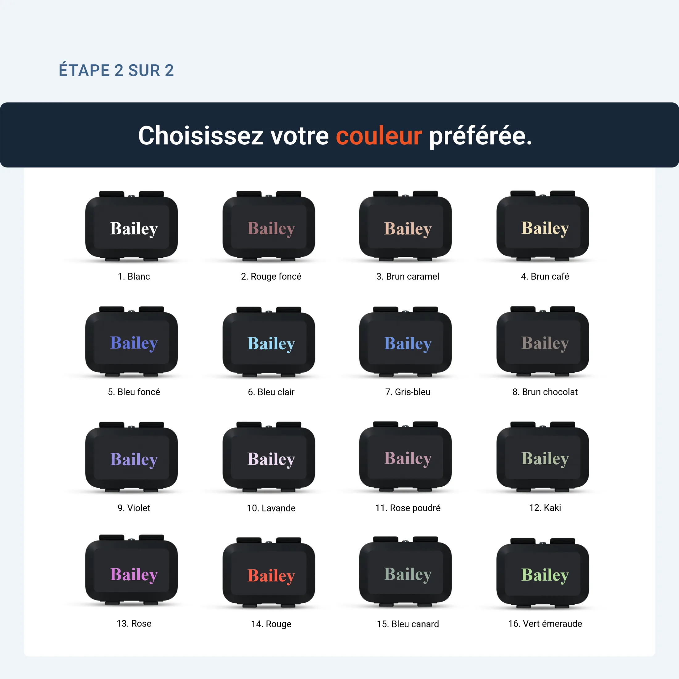 Les seize couleurs d’impression avec le nom d’exemple Bailey, imprimées sur de vrais trackers PAJ, de Blanc à Vert émeraude en passant par Kaki.