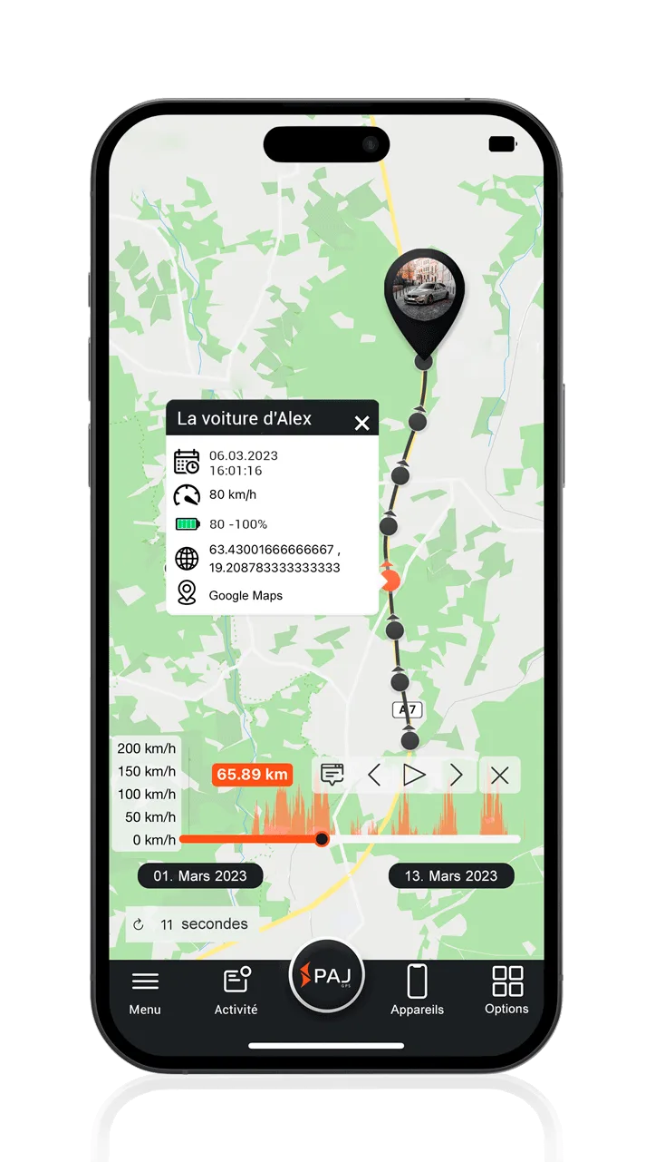 Appli du GPS traceur voiture – Mémoire des trajets