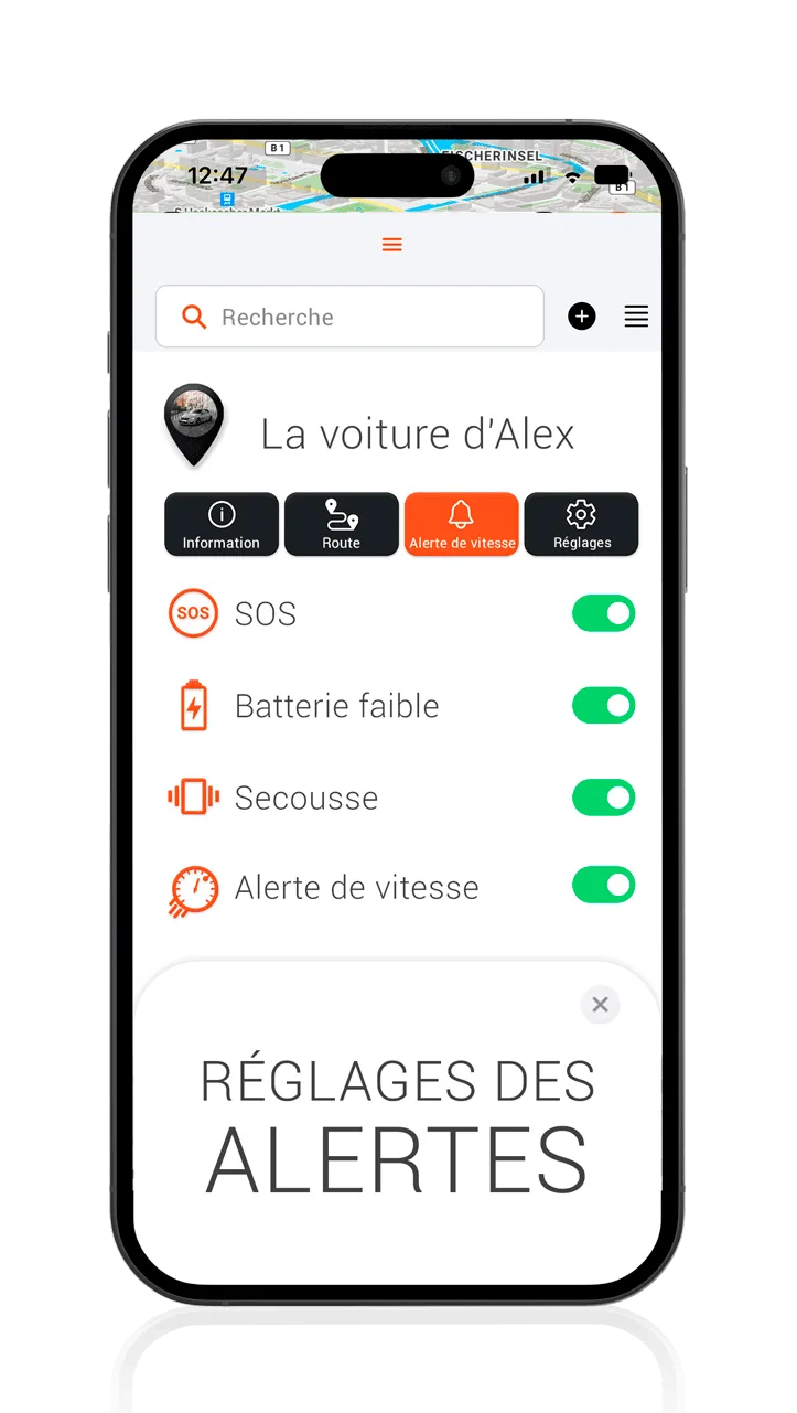 Appli pour traqueur voiture de PAJ : reglage des alertes