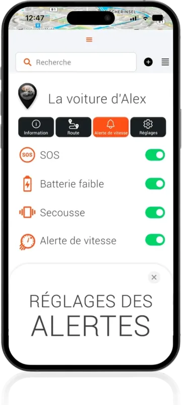 Appli pour traqueur voiture de PAJ : reglage des alertes