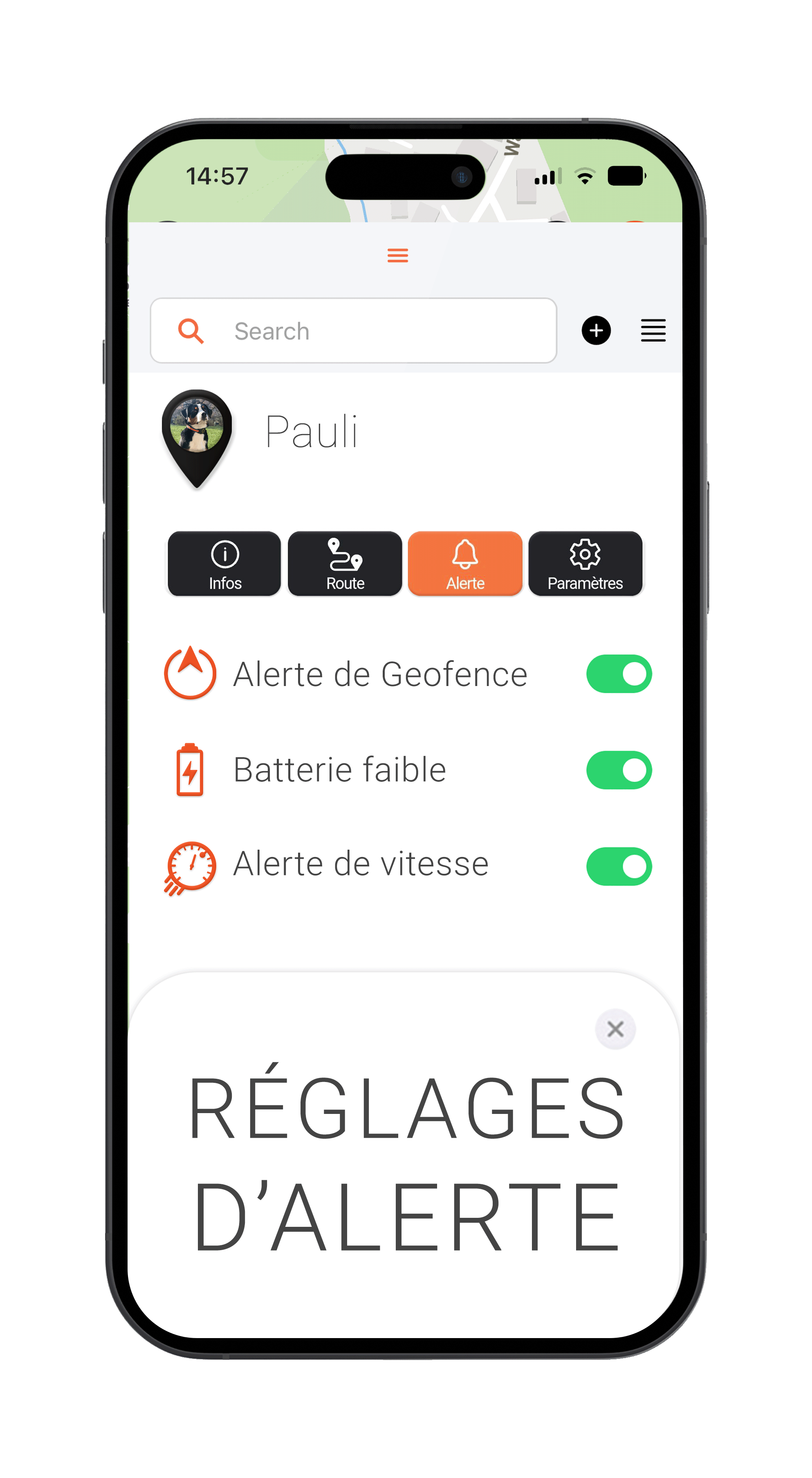 Mockup avec chien et réglages des alarmes