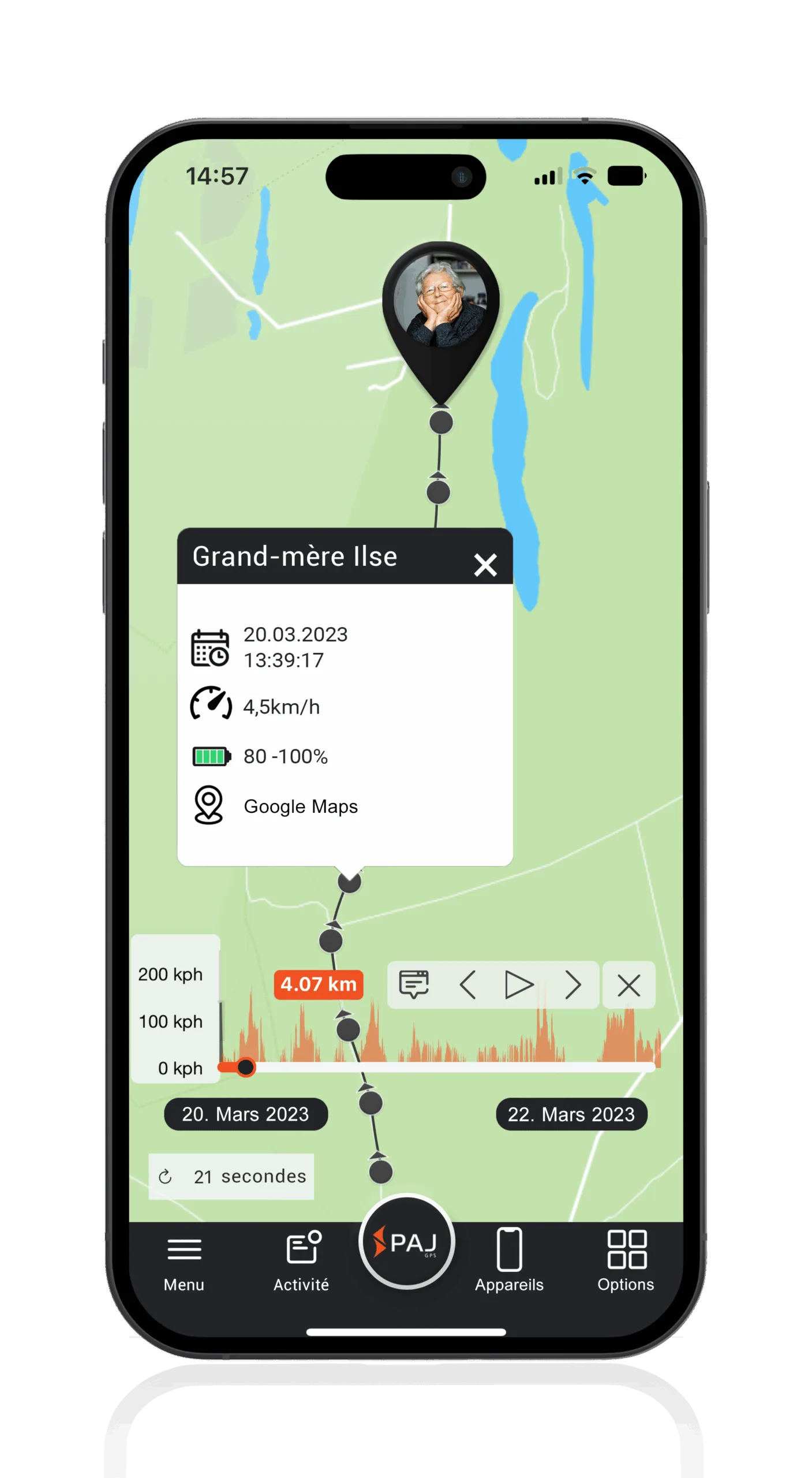 Mockup avec grand-mère et données du parcours