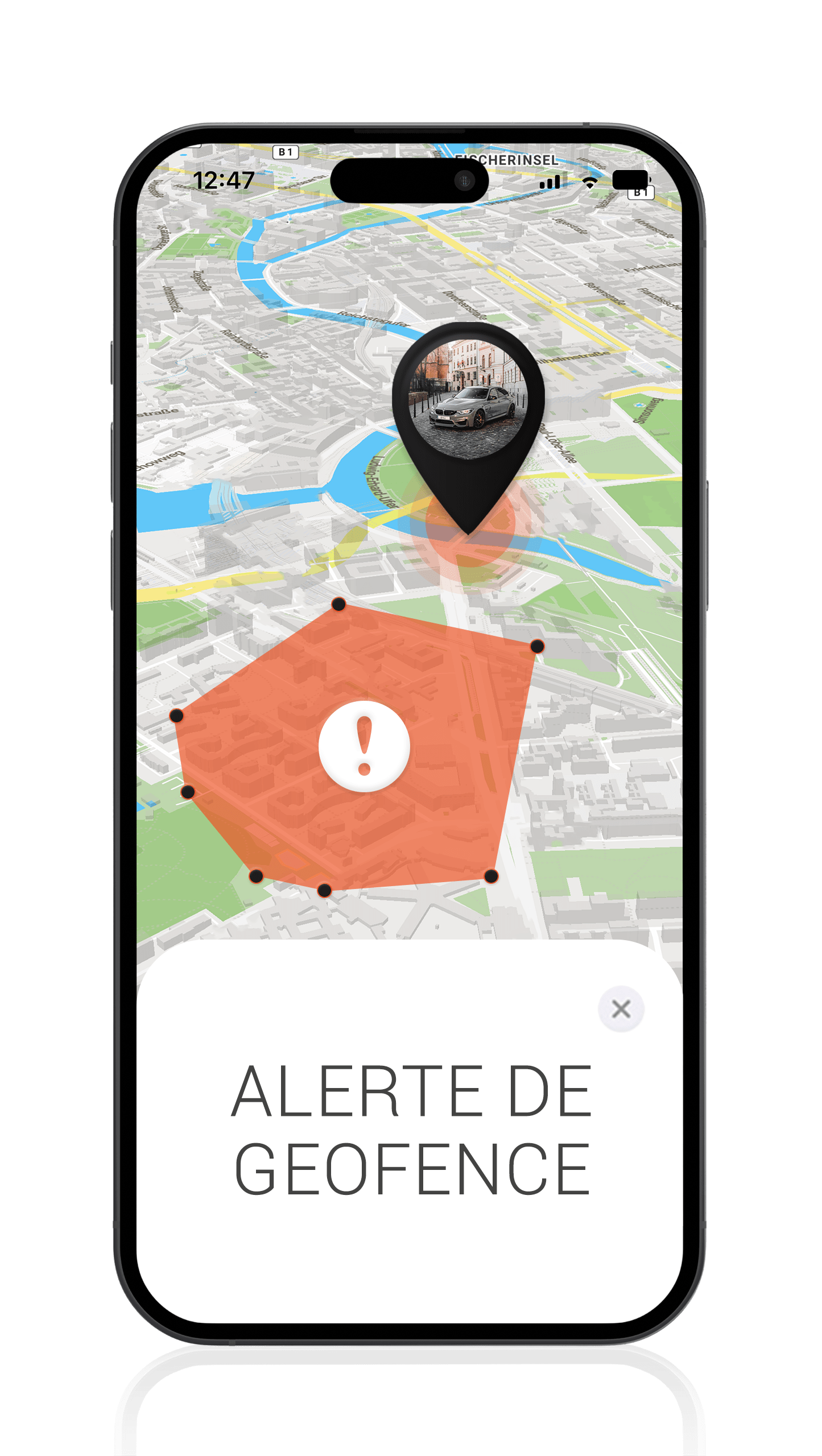 Mockup avec voiture et alarme de Geofence