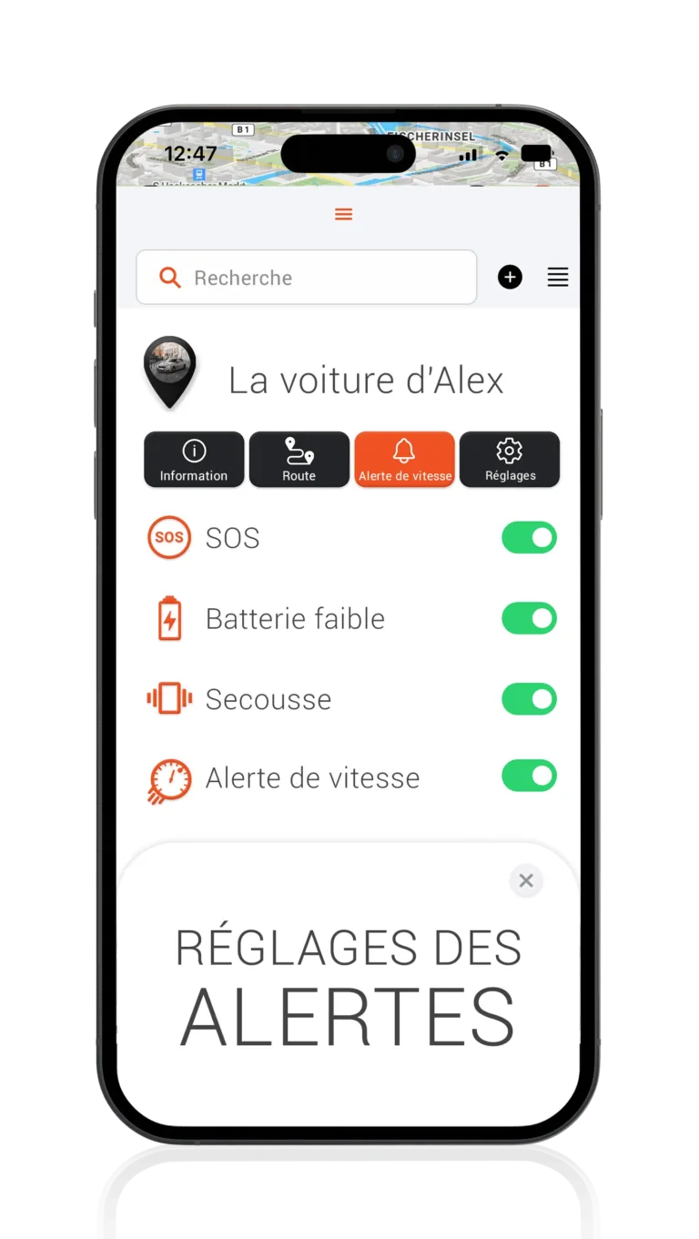 Mockup avec voiture et réglages des alarmes