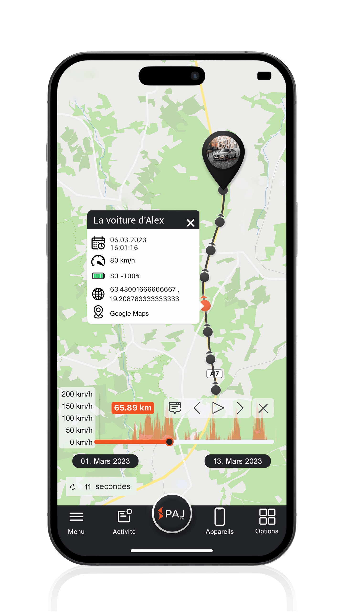 Mockup avec voiture et données du parcours