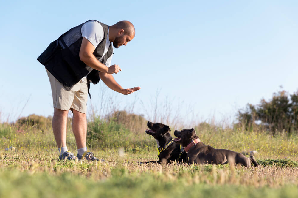 Homme qui entraine ses deux chiens a lexterieur