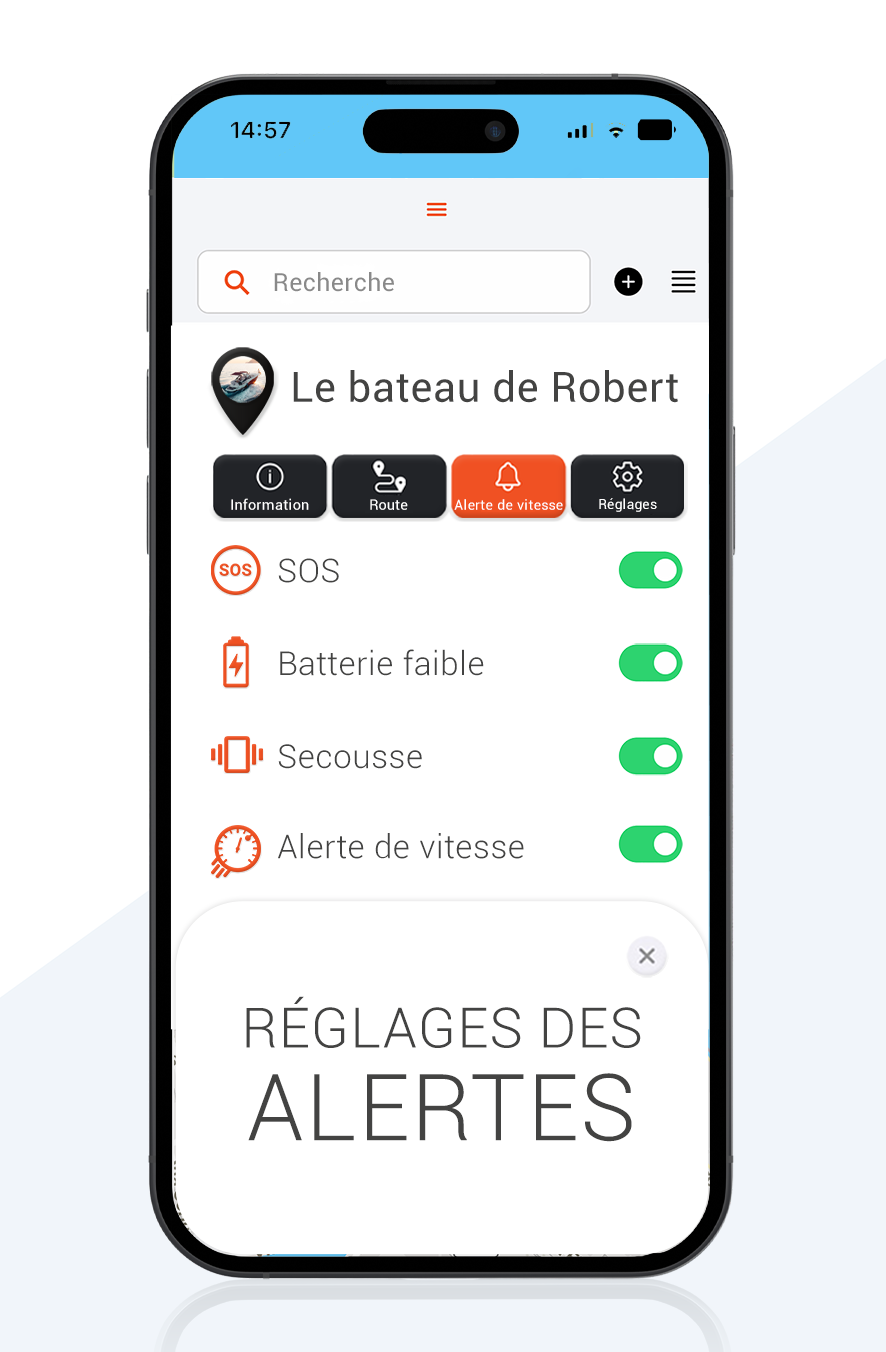 Maquette du reglage des alertes du traceur GPS PAJ pour bateau sur mobile