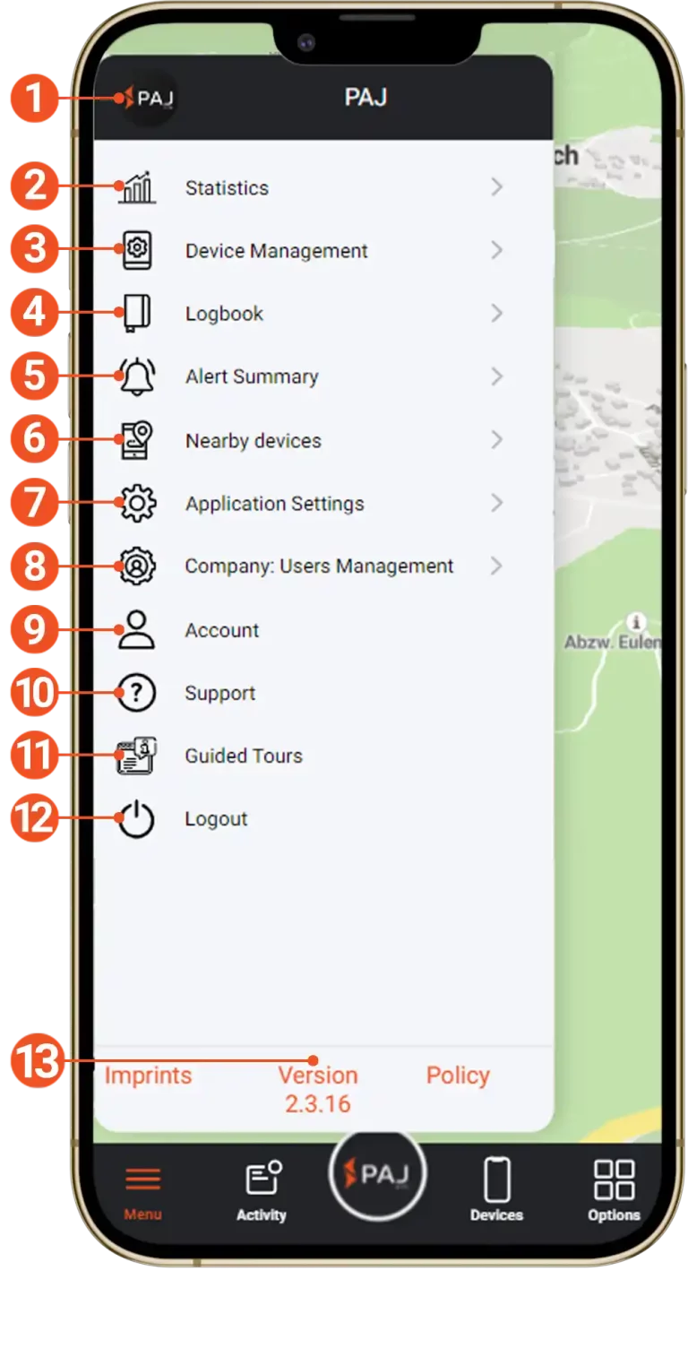 Image illustrant les options du menu dans l application portal Finder de PAJ