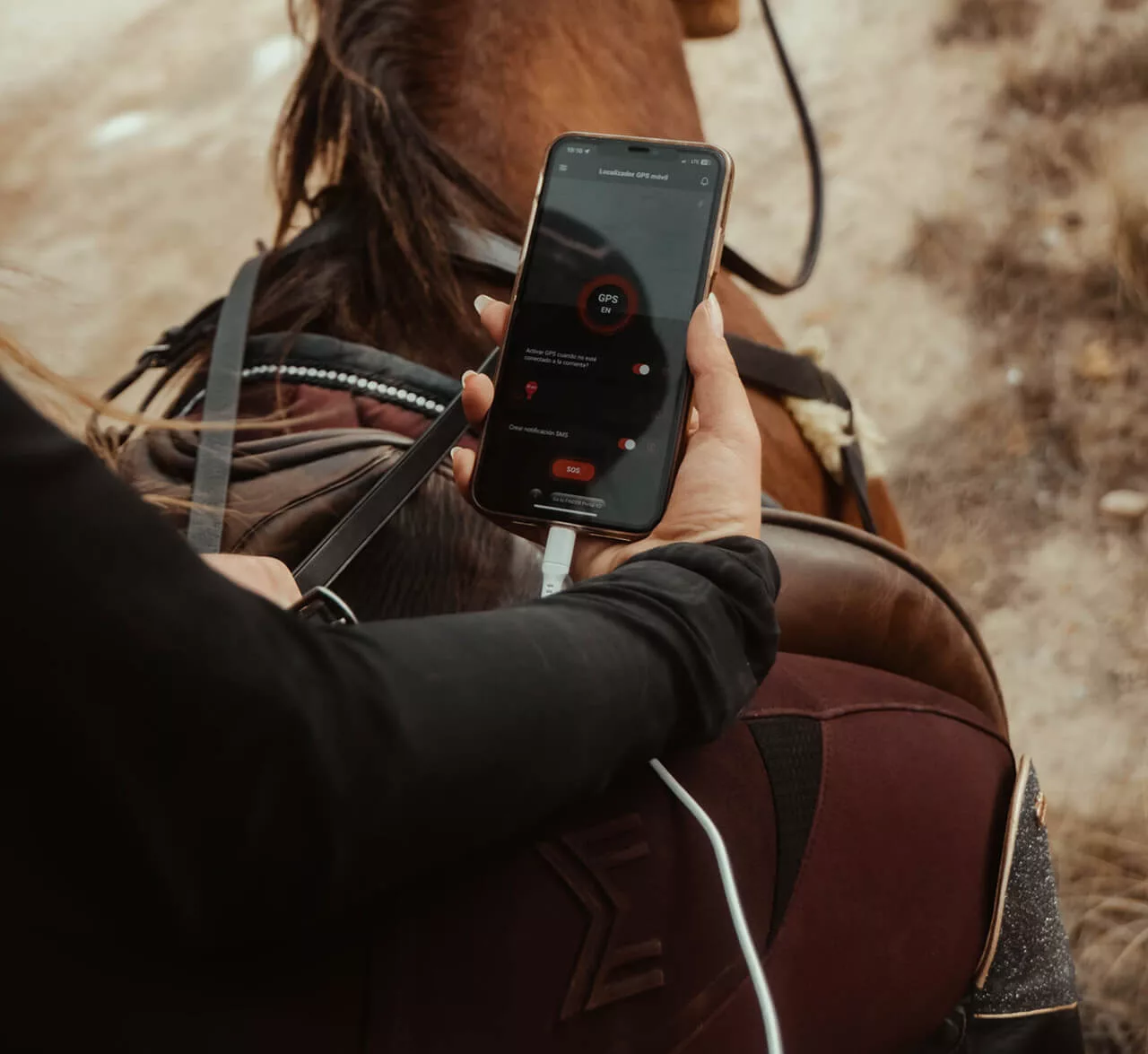 Image d une cavaliere qui tient un telephone sur son cheval