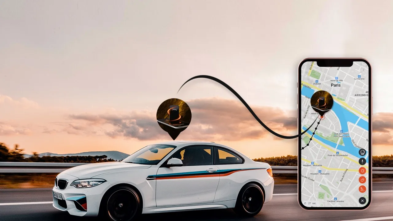 Banniere illustrant le tracage de voiture. Une voiture sur la route et un smartphone qui suit ses traces