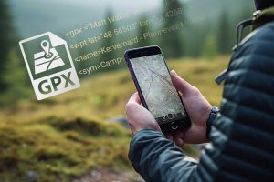 Illustration dutilisation des fichiers GPX pour la navigation sans internet par un homme dans la nature avec son smartphone
