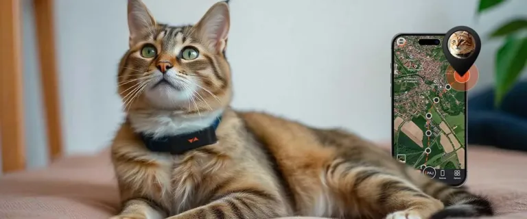 Un chat avec un collier GPS autour du cou assis. Une illustration du traceur GPS pour chat