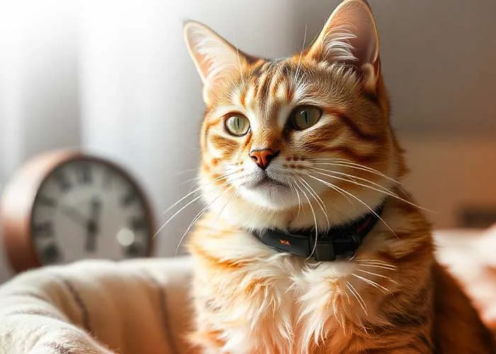 Un chat avec un collier GPS de PAJ GPS autour du cou regarde en avant