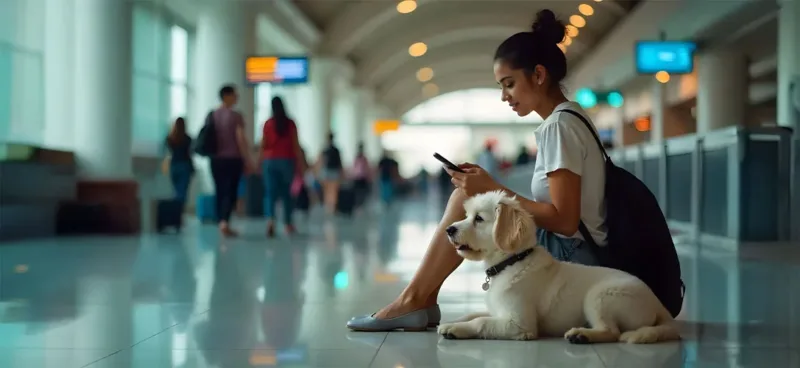 Une femme a laeroport voyagent avec chien