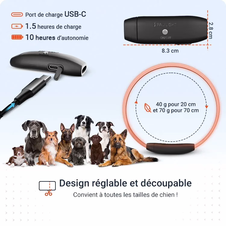 Details techniques PAJ LIGHT noir: PAJ GPS LED collier pour chiens
