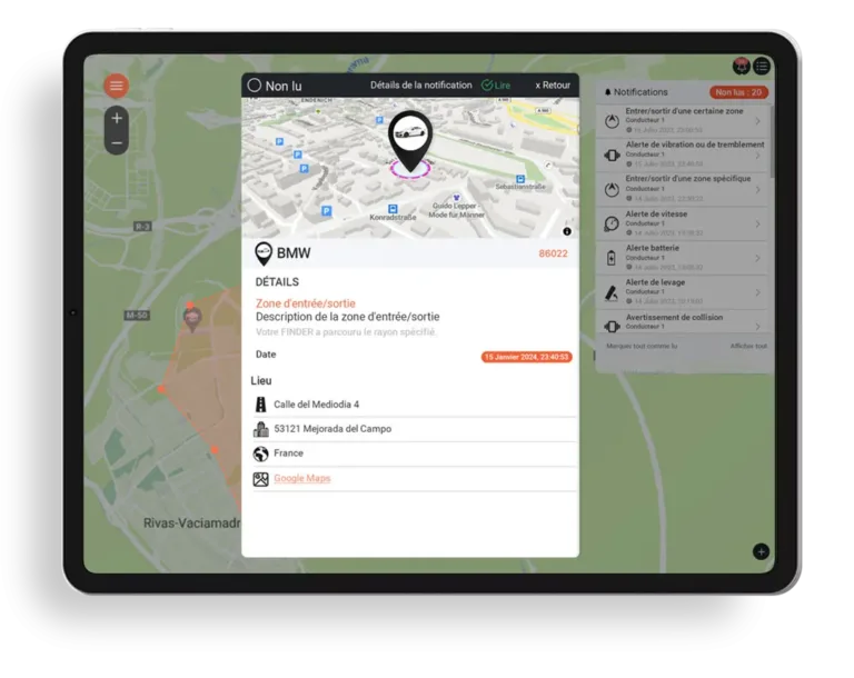 Image dune tablette avec le logiciel de suivi de flotte montrant la la zone d entree et de sortie dun vehicules
